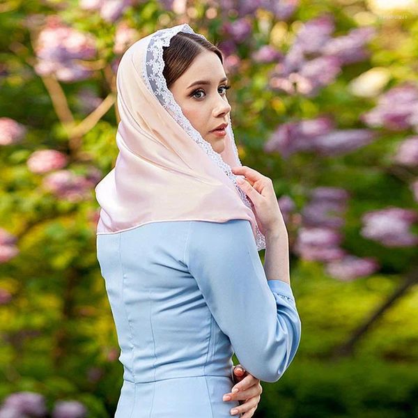 Этническая одежда, мусульманский шарф, сплошной цвет, кружево, женский арабский хиджаб, исламский тюрбан для девочек, мягкий уютный атласный 50 см x 50 см, легкие шали