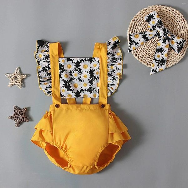 Conjuntos de roupas infantis bebê meninas casual macacão sem mangas sem costas girassol impresso babados macacão curto com headbands 6 9 12 24m