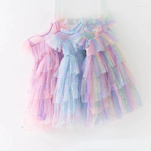 Kız Elbiseler Kızlar Tül Prenses Gökkuşağı Yıldız Sapırları Parlak Kek Elbise Çocuklar Mesh Elegant Prom Akşam Partisi Vestidos