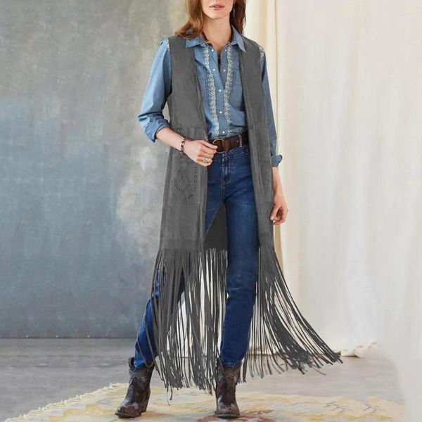 Gilet da donna Gilet senza maniche con frange Western Boho Fringe Cardigan hippie anni '70 aperto sul davanti con toppa