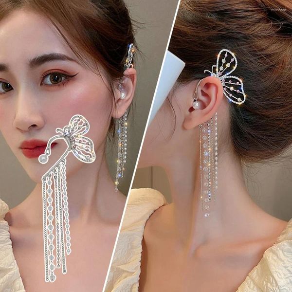 Rücken Ohrringe 1PC Koreanische Fee Lange Schmetterling Clip Ohr Haken Perle Clips Ohne Durchbohrte Ohren Kette Frauen Elegante schmuck