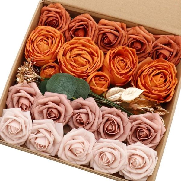Flores decorativas queimadas empoeiradas rosa terracota caixa de combinação artificial conjunto laranja flor falsa para diy casamento decorações de buquê de noiva