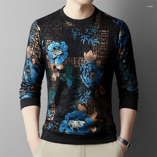 Homens camisetas Azul Floral Impressão Camisa de Veludo para Homens Manga Longa Luxo Casual Inverno Grosso Qualidade Macio Confortável 4XL Camisetas De