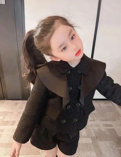 Set di abbigliamento Ragazza invernale Set da 2 pezzi in tweed Bambini Abito nero Abbigliamento per 2-10 anni Cappotto Capispalla Pantaloncini Abiti vintage