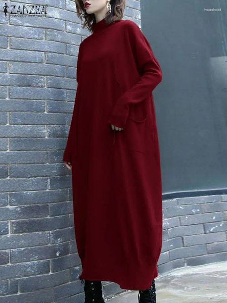 Casual Kleider ZANZEA Streetwear Rollkragen Gestrickte Kleid Frauen Langarm Robe Koreanische Stil Oversize Midi Herbst Lose