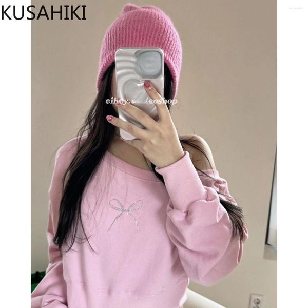 Damen Hoodies KUSAHIKI Trägerlos Sexy Mode Langarm Kurzarm Pullover Sweatshirt Frauen Herbst Pullover 2024 Chic Diamanten Schleife Tops