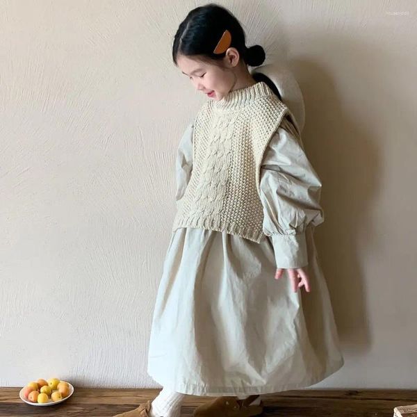 Kız Elbiseler Sonbahar Kore Katı Kabarcık Kolları Çocuklar Prenses Elbise Kıyafetleri Giyin Gevşek Örgü Giysiler Set Set Vestidos