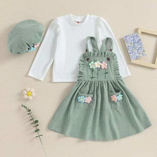 Комплекты одежды, комплект для девочек, детская рубашка в рубчик с длинными рукавами, юбка на подтяжках с 3D цветочным узором, шляпа, осеннее праздничное платье с круглым вырезом