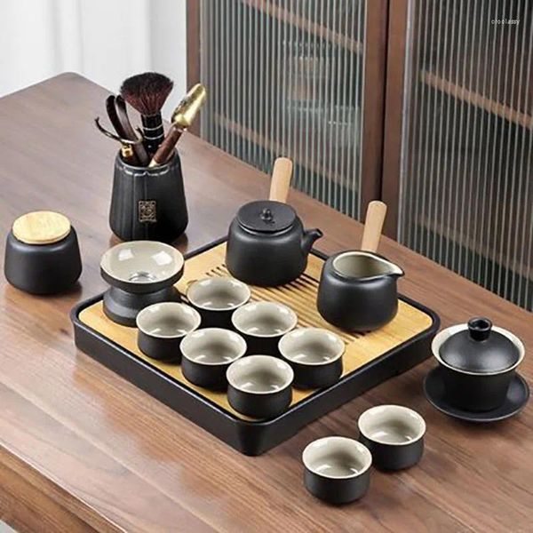 Teegeschirr-Sets, schwarze Keramik, Teezeremonie-Set, Keramik-Teekanne im Zen-Stil, Service mit Caddy-Geschenk