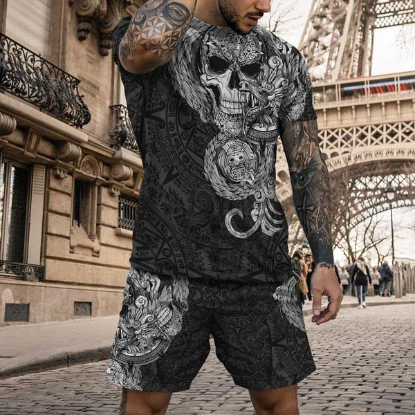 Sommer Herren T-shirt Set 3D Schädel Druck Trainingsanzug Kurze Hosen Anzug Kleidung Täglich Casual 2 Stück Streetwear Übergroßen 240202