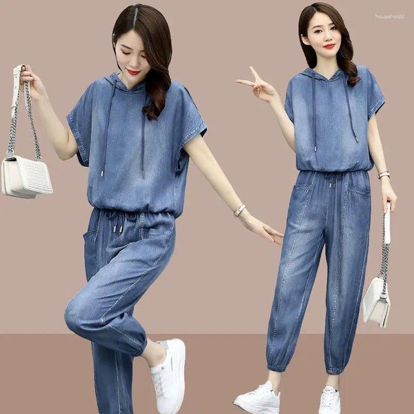 Frauen Zwei Stück Hosen Frauen Sommer Cowboy Anzug 2024 Weibliche Casual Sportswear Koreanische Version Denim Set Lose Zwei-stück