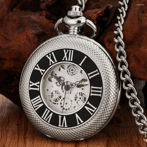 Relógios de bolso relógio de prata masculino luxo vintage manual mecânico moda buracos design numeral romano dial gancho corrente relógio