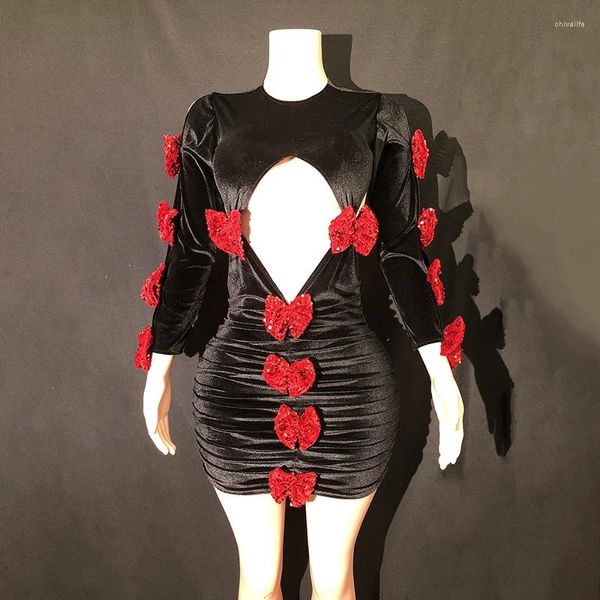 Palco desgaste preto veludo vermelho lantejoulas arco vestido de festa mulheres aniversário celebrar traje noite vestidos de baile desempenho outfit xs7398