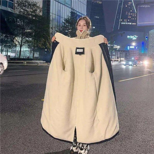 Casacos de trincheira femininos cashmere casaco de algodão engrossado comprimento médio joelho inverno coreano ins hong kong estilo solto parka