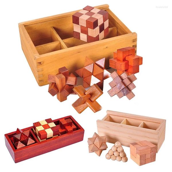 Dipinti Giocattoli di sblocco in legno Set con scatola Puzzle 3D Gioco Kong Ming Lu Ban Lock Bambini Adulti IQ Rompicapo Giocattolo educativo Regali per bambini