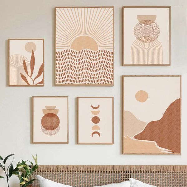 Pinturas Sol Lua Folhas Linha Geometria Abstrata Boho Arte Da Parede Pintura Pôsteres e Impressões Fotos para Sala de estar Decoração de Casa