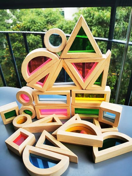 Kinder Montessori Holzspielzeug Sensorische Regenbogen Spiegelblöcke Vollgummi Holz Stapeln Acryl Gebäude Stapeler Lernspiel 240124