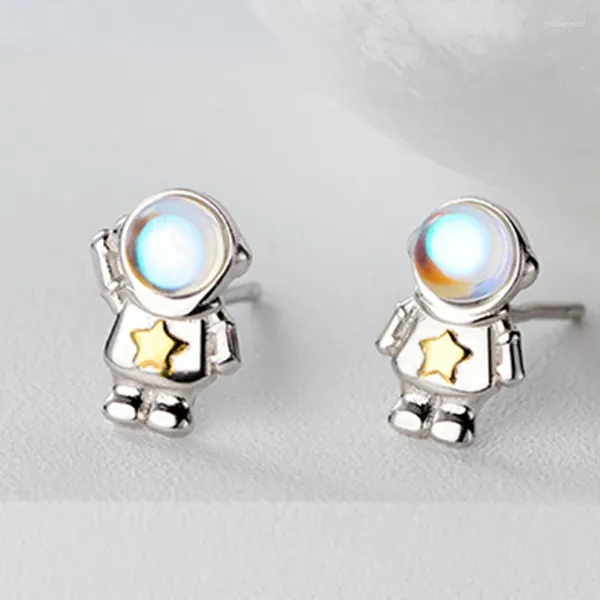 Orecchini a bottone in argento sterling 925 carino astronauta spaziale pianeta opale per donne adorabili gioielli semplici per piercing all'orecchio