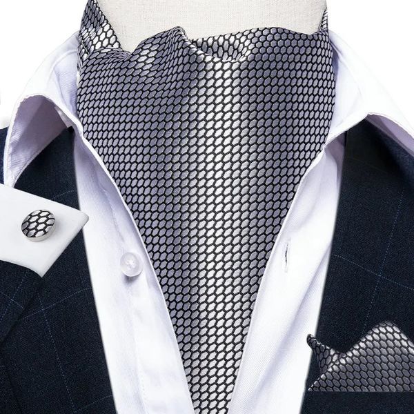 Jacquard Uomo Plaid Ascot Moda Paisley Cravatte Matrimonio Formale Cravatta Ascot Gentiluomo britannico Morbido poliestere Lusso Grigio Cravatta 240122