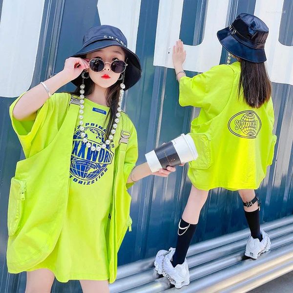 Kleidungssets Mädchen Coole Tops Kleidung Set 8 10 Jahre 2024 Sommer Teen Oversize Hiphop Jazz Dance Print T-Shirt Weste 2 Stück