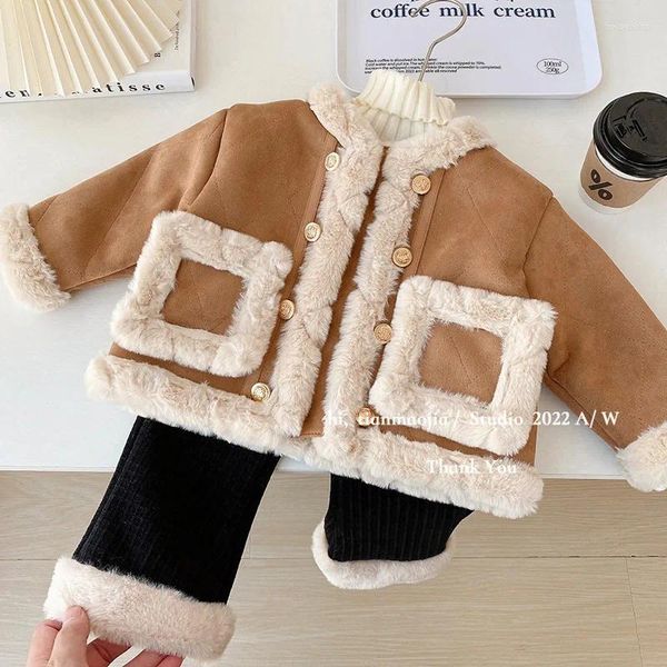 Giacche Giacca invernale coreana per neonate Cappotto piccolo per bambini in pelle scamosciata ispessita profumata Capispalla tascabile caldo per bambini
