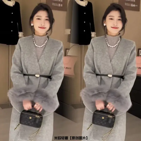 Zweiteiliges Kleid UNXX 2024 Winter Luxuriöses Set aus gefütterter Jacke und Bleistiftrock im koreanischen Stil aus Kaschmirwolle, elegant und raffiniert