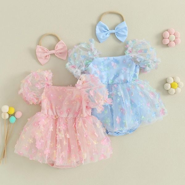 Macacão pudcoco infantil nascido bebê menina roupas de verão manga curta sopro 3d flor macacão tule vestido com bandana conjunto 2 pçs roupas