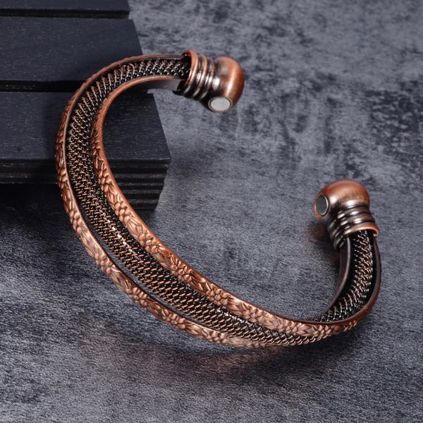 Torcido pulseira de cobre puro magnético vintage flores saúde energia pulseiras benefícios ajustável aberto manguito jóias para homens mulheres 240130
