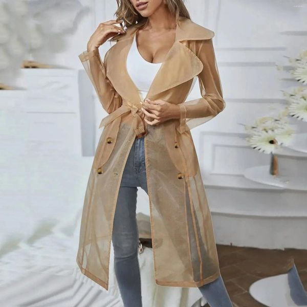 Giacche da donna Soprabito trasparente in rete da donna Cappotto abbottonato a maniche lunghe con cintura Colletto rovesciato Abbigliamento donna leggero