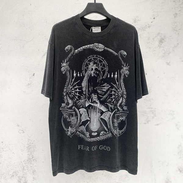 Homens camisetas Vintage lavagem angustiado manga curta nevoeiro deus do medo impressão marca de moda americana vtg casual solto t-shirt