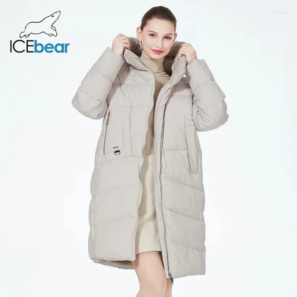 Casacos de trincheira femininos Icebear 2024 inverno oblíquo placket moda jaqueta quente mulheres à prova de vento acolchoado colarinho com capuz casaco gwd22380i