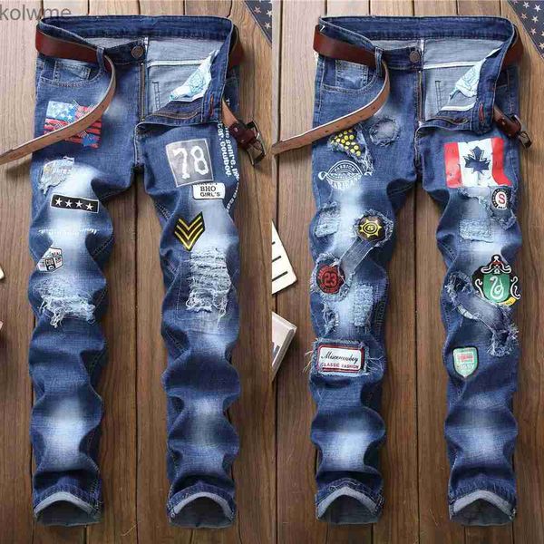 Jeans masculinos Mens Trendy Print Decors Denim PantsHigh Quality Rasgado Slim-fit Blue JeansStreet Fashion Sexy JeansDaily Casual Jeans Pants YQ240205