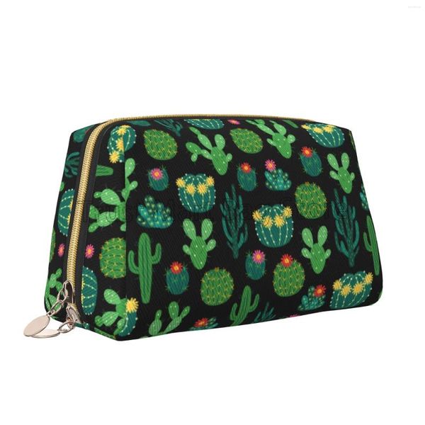 Sacos cosméticos frescos florescendo cacto verde floral impressão organizador de couro feminino viagem bolsa de higiene portátil maquiagem portátil