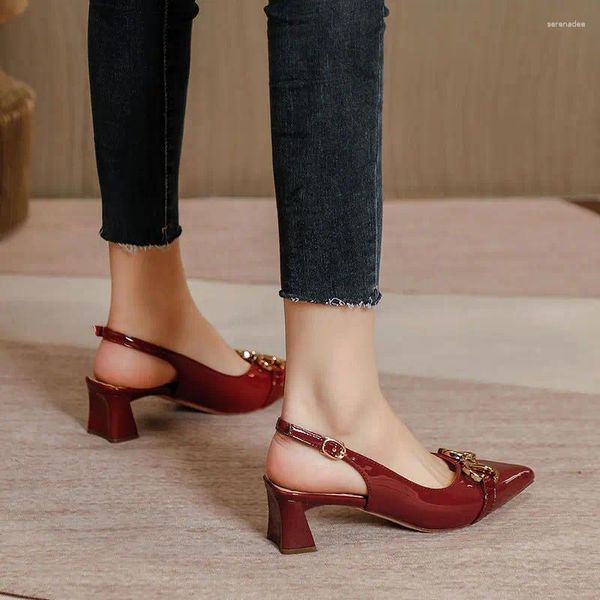 Sandalet 5.5cm moda sivri uçlu ayak ayak bileği sargısı şarap kırmızı bayanlar elbise kadın ayakkabıları 38 39