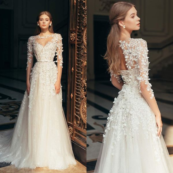 Abiti da sposa con applicazioni floreali 3D affascinanti Abiti da sposa a maniche lunghe Una linea Sweep Train Abiti da sposa Custom Made Plus Size