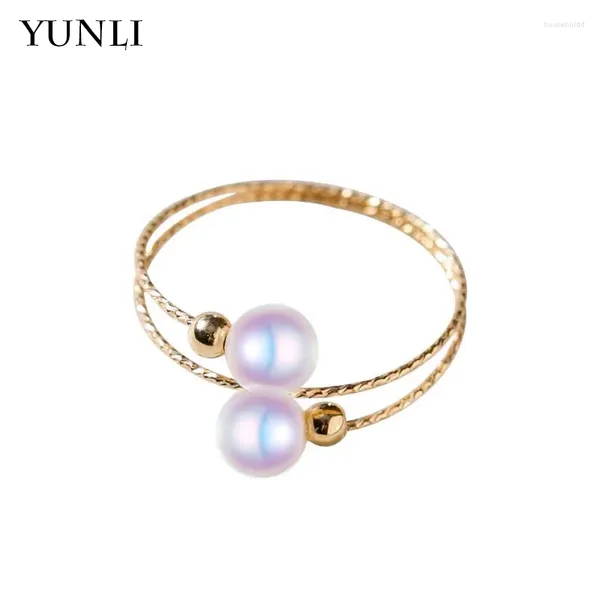 Cluster Anéis Yunli Real 18k Anel de Ouro Simples Natural Pérola de Água Doce Pure Au750 Elástico Ajustável para Mulheres Fine Jewelry Presente RI003