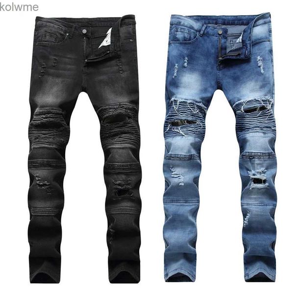 Calças de brim masculinas de alta qualidade calças jeans de baixo estiramentoSlim-fit jeans rasgadosburaco remendado moto biker jeansstreet fashion casual jeans;YQ240205
