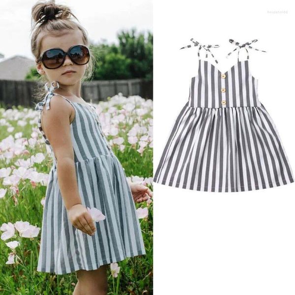 Kız Elbiseler 1-6T Bebek Kız Elbise Siyah Beyaz Çizgili Yaz Kolsuz Sling Düğmesi Tasarım Çocuk Giysileri