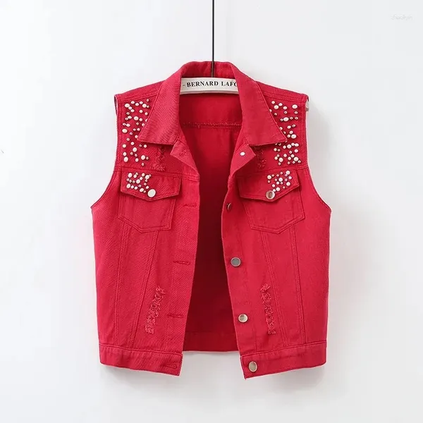 Damenwesten 2024 Schwarz Rot Gelb Blau Weiß Denim Weste Tops Frauen Frühling Sommer Gewaschen Ripped Perlen Ärmellose Jacke Dame Jeans