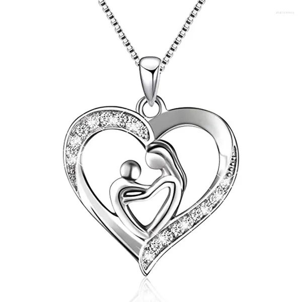 Ciondoli Collane con ciondolo in autentico argento sterling 925 Mamma con figlio Amore Cuore CZ Diamante Regalo per la festa della mamma Gioielleria raffinata