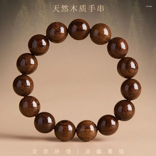 Braccialetti in legno di sandalo di seta dorata con filo, perline di Buddha naturali, gioco letterario, fragranza, piatto Nanmu