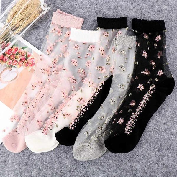 Женские носки, модные женские прозрачные тонкие носки с цветочным принтом для девочек, забавные дышащие летние женские короткие носки в стиле Харадзюку