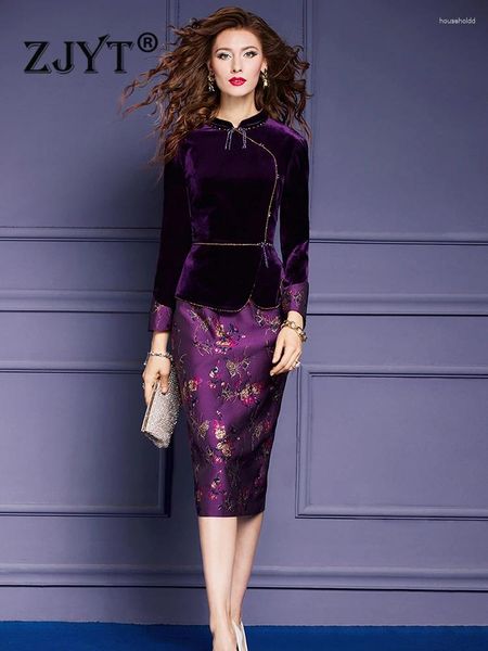 Повседневные платья ZJYT, осеннее бархатное Cheongsam в китайском стиле с цветочным принтом для женщин, 2024, элегантное винтажное платье с длинными рукавами и бисером, Vestidos, большие размеры