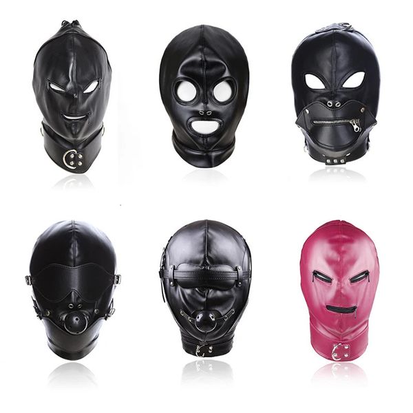 BDSM Sesso Nero Pu Pelle Testa Bondage Cappuccio Maschera Occhi aperti Bocca con Coppia erotica Flirtare Giocattoli Maschera regolabile Imbracatura Cosplay 240130