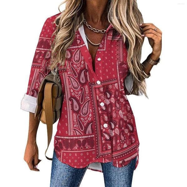 Camicette da donna Camicetta casual con stampa patchwork Camicetta casual a maniche lunghe Retro Paisley Office Donna Street Wear Camicia oversize Top Regalo di compleanno