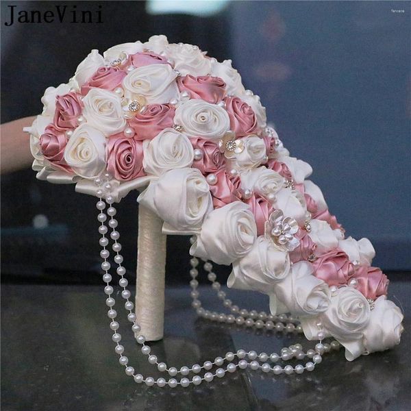 Flores de casamento JaneVini 2024 Nude Rosa Cachoeira Bouquets Frisados ​​Buquê de Pérolas Para Noiva Fita Cetim Rosa Cascata Broche de Flores de Noiva