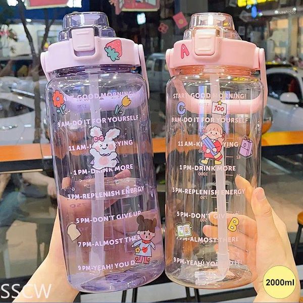 Wasserflaschen 2 Liter Flasche mit Stroh Sport Fitness Krug Tragbarer Reisekessel für Mädchen Sommer Kaltes Trinken Plastikbecher