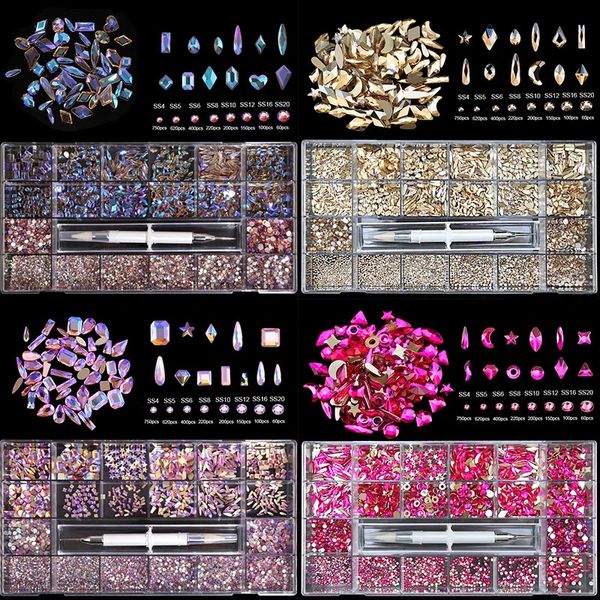 Mixed AB Glas Kristall Diamant Flach Strass Nail Art Dekoration Finger 21 Gitter Box Nägel Zubehör Set mit 1 Aufnahmestift 240202