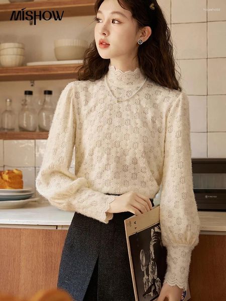 Damenpullover MISHOW Hollow Out Laterne Langarm Spitze Gestricktes Hemd 2024 Herbst Französischer Stehkragen Untere Bluse Tops MXC52Z0234