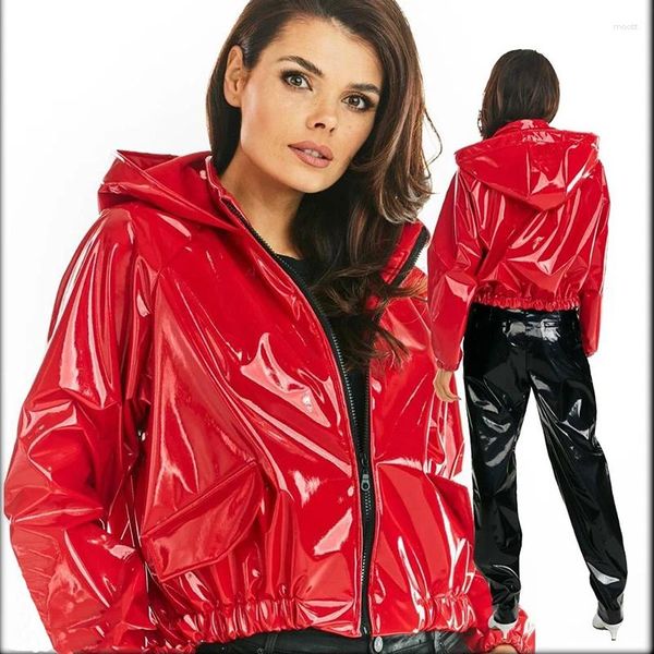 Hoodies femininos vermelho preto solto manga longa zip up moletom feminino couro patente látex pu jaquetas curtas plus size casacos